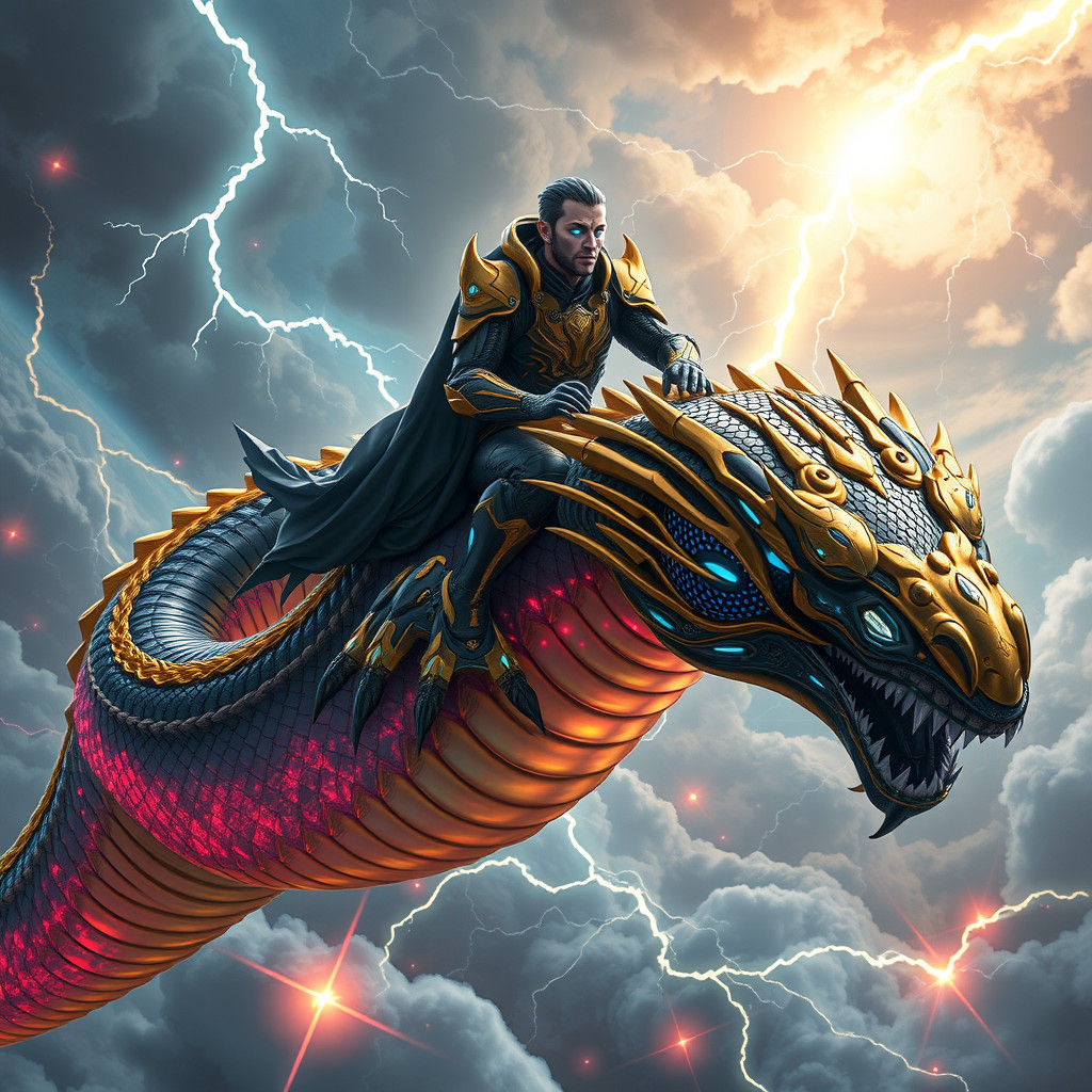 Cyberpunk Figure Rides Serpent Through Storm