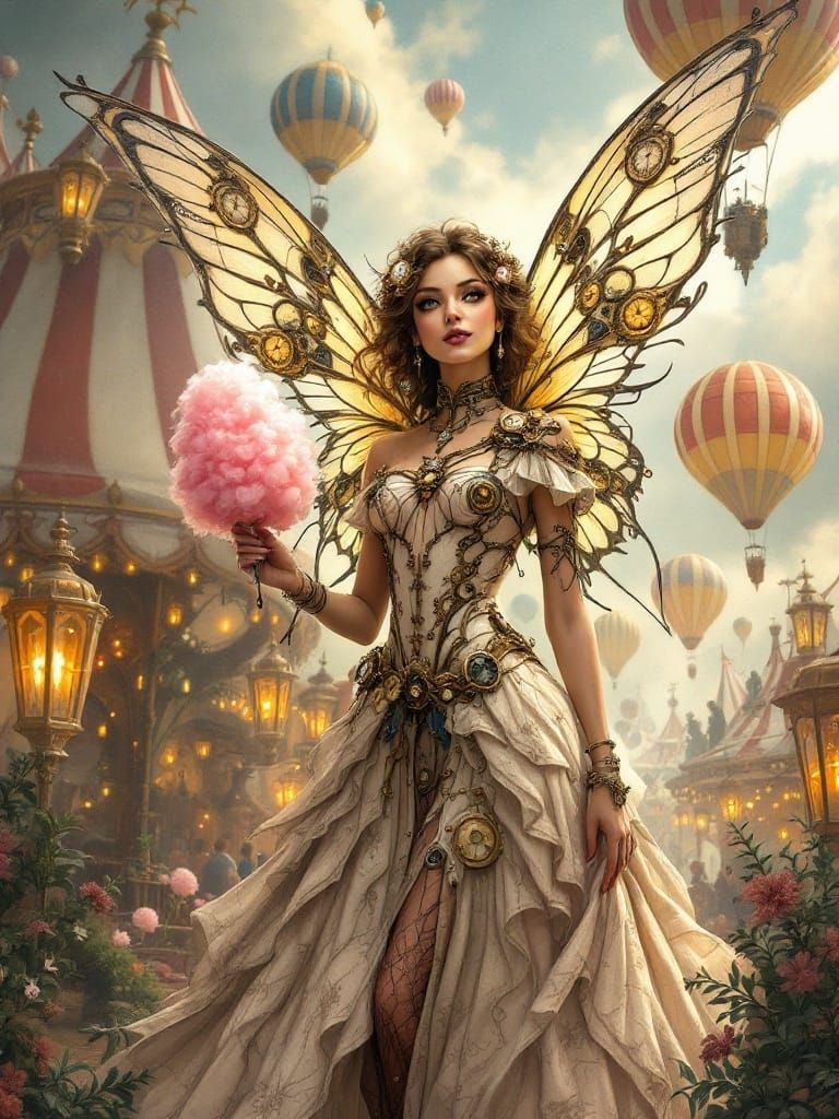 Steampunk Fairy in Whimsical Carnival Scene