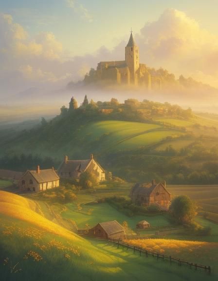Idyllic Medieval Village Landscape in Digital Art