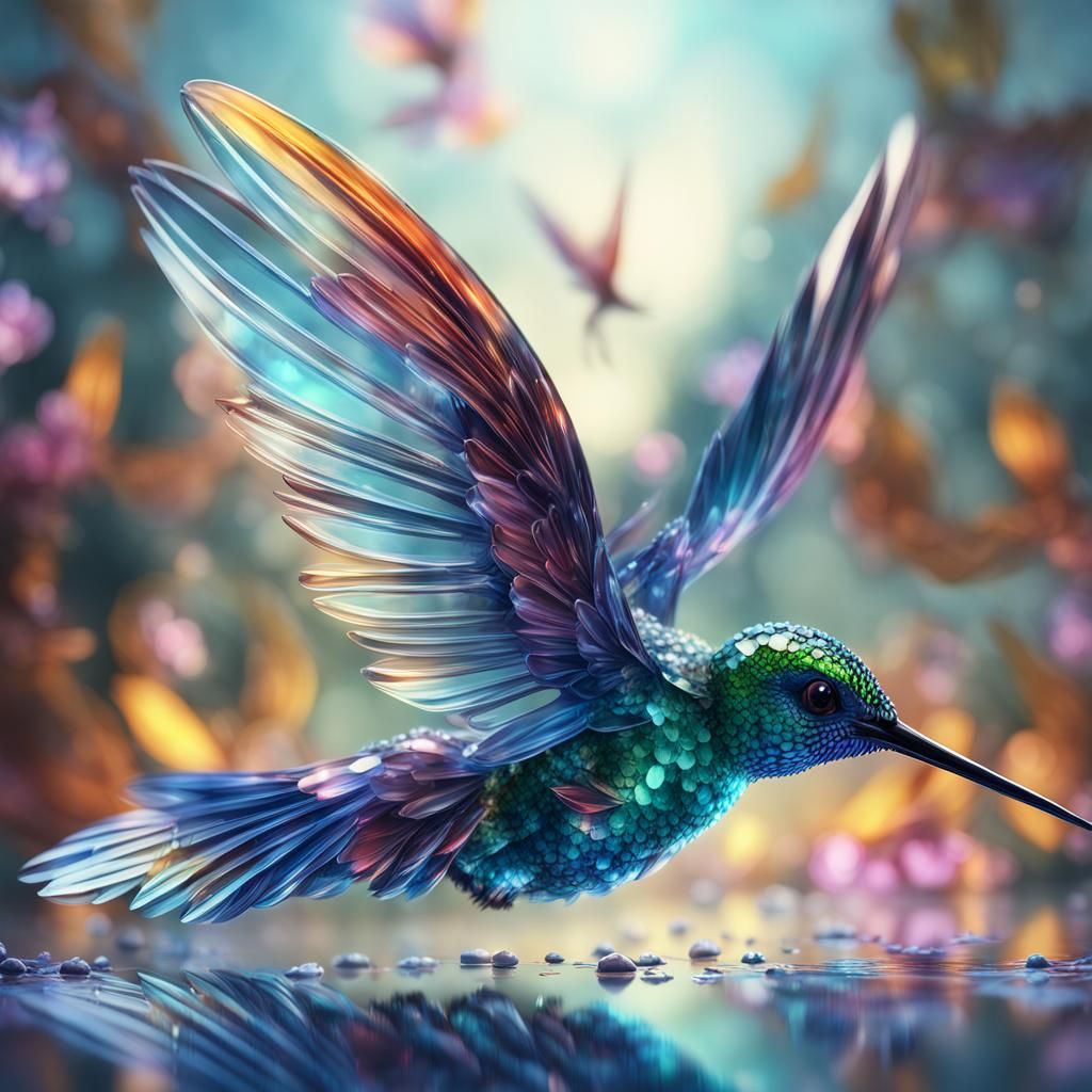 Glass Hummingbird with Crystal Flower, Digital Art