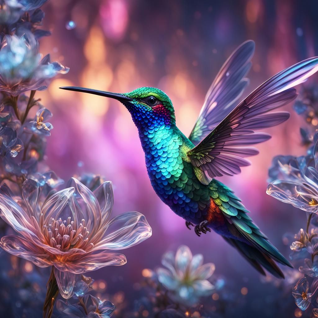 Glass Hummingbird with Crystal Flower, Digital Art