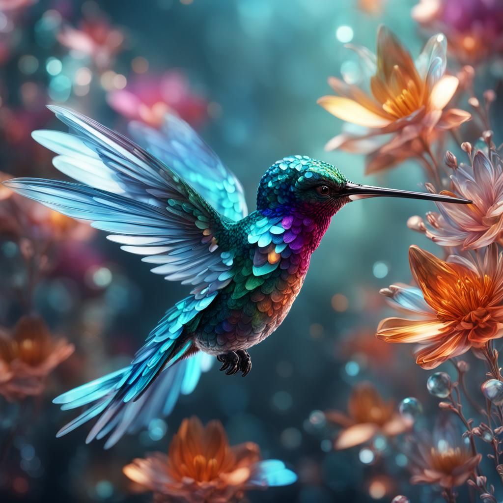 Glass Hummingbird with Crystal Flower: Digital Art