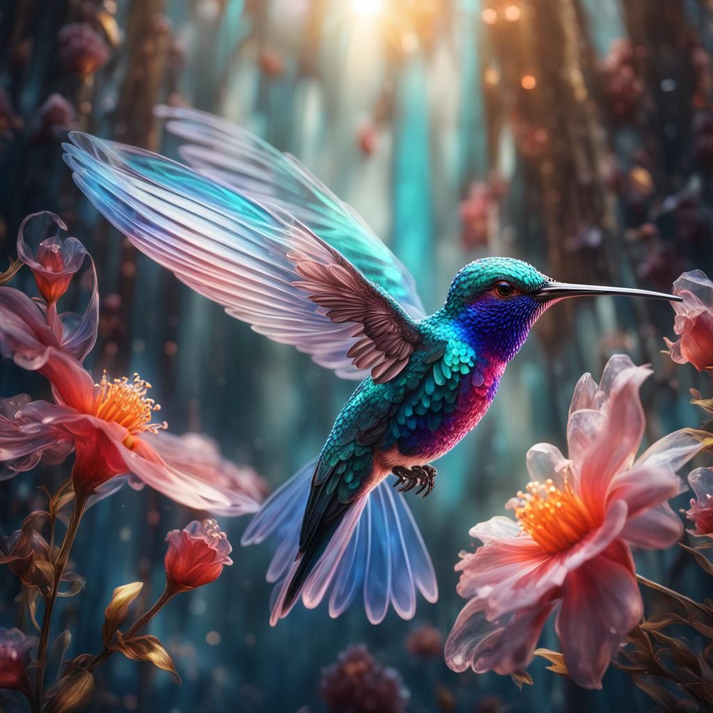 Glass Hummingbird with Crystal Flower, Digital Matte Paintin...