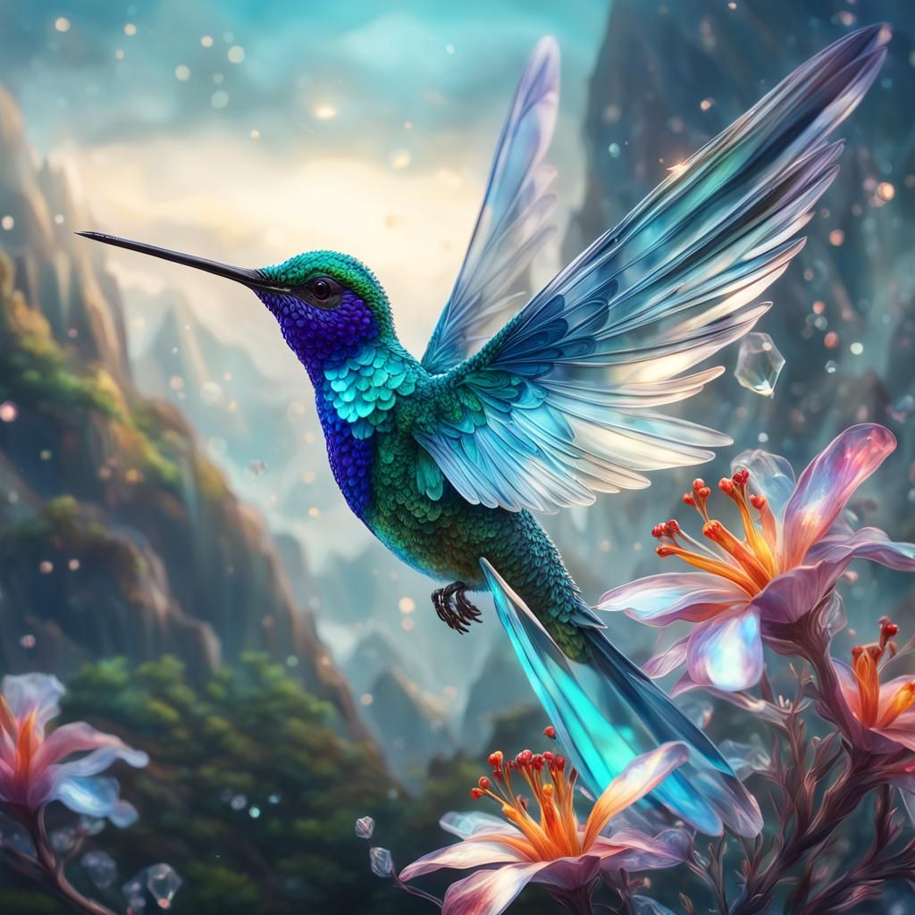 Glass Hummingbird with Crystal Flower: Digital Art