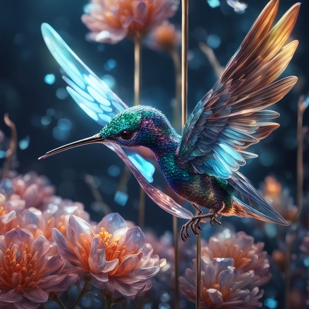 Glass Hummingbird with Crystal Flower: Digital Art