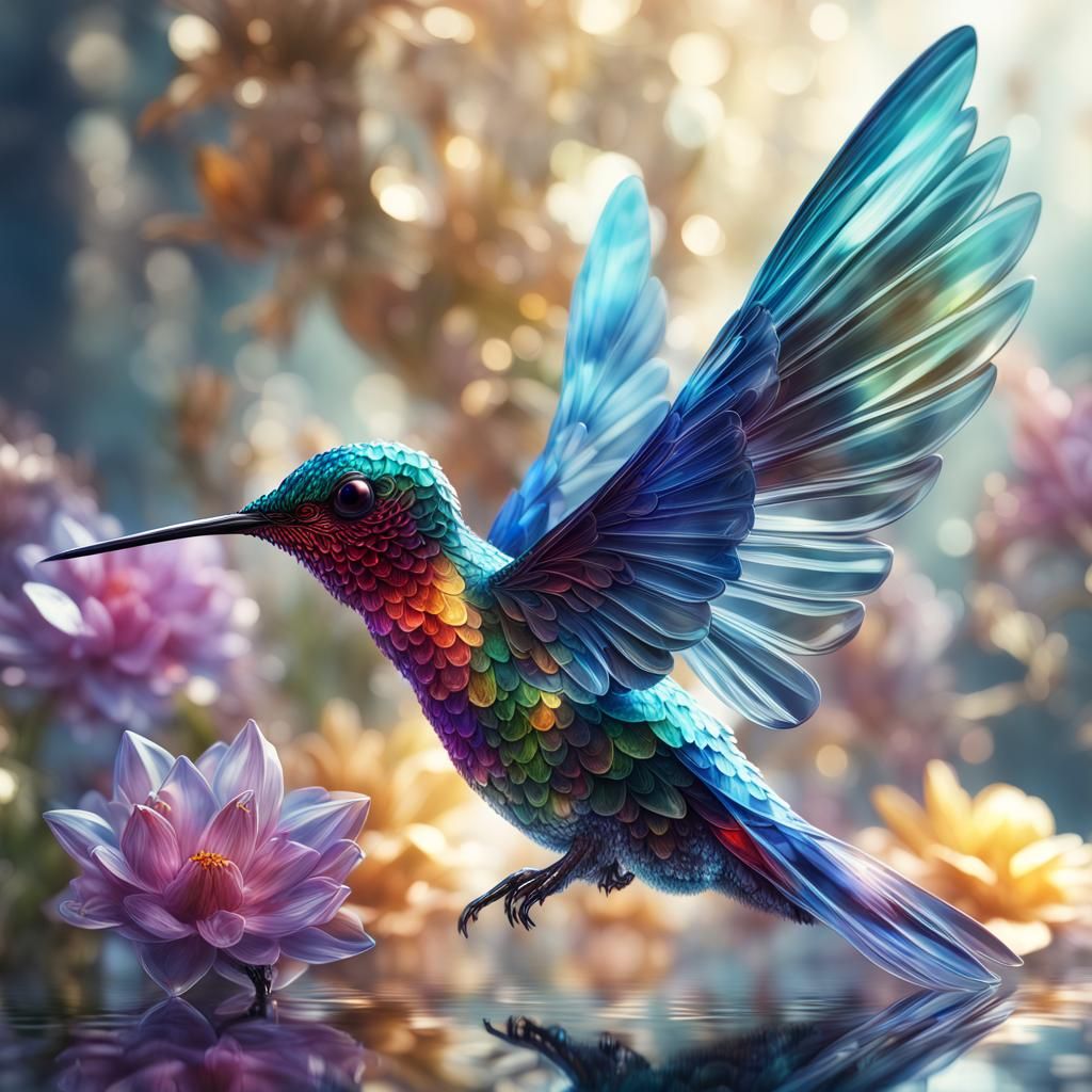 Glass Hummingbird with Crystal Flower, Digital Art