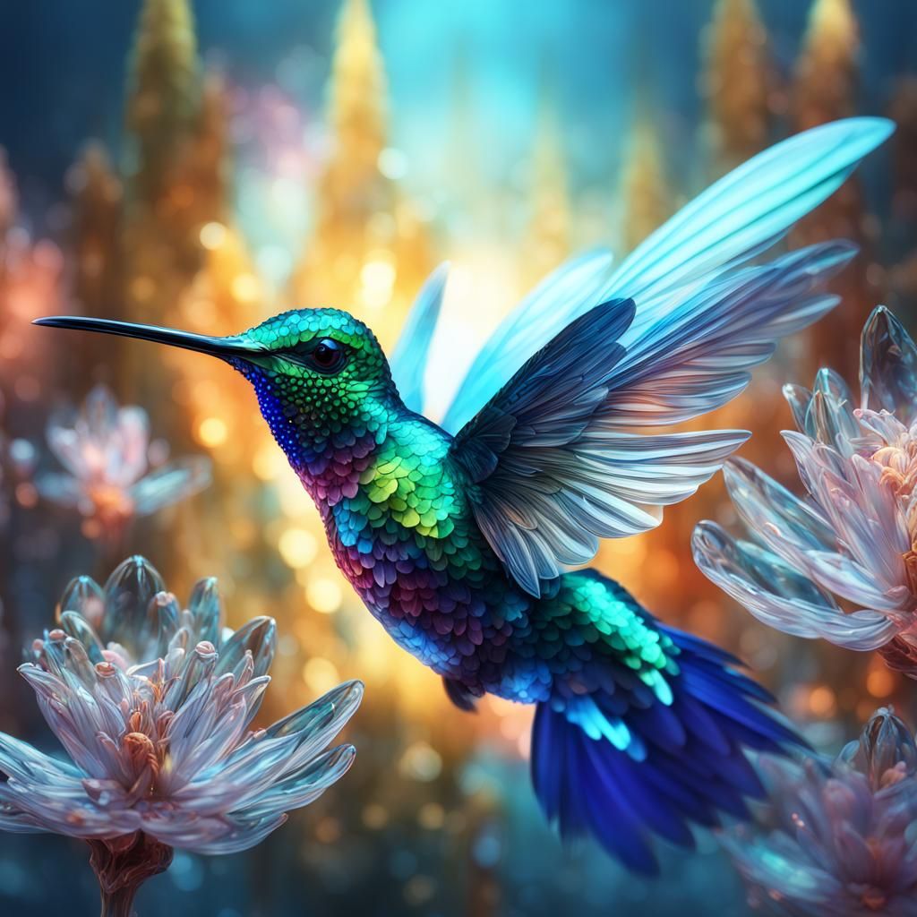 Glass Hummingbird with Crystal Flower: Digital Art