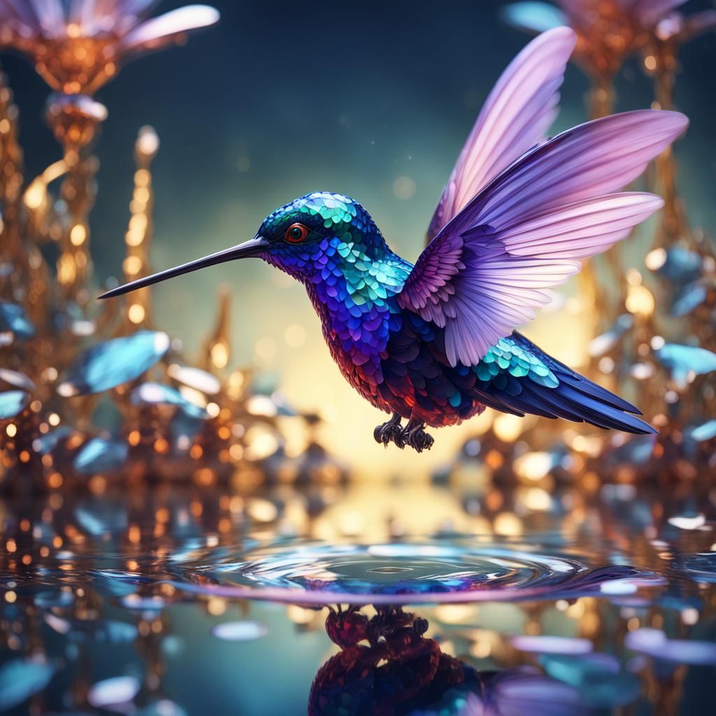 Shimmering Glass Hummingbird with Crystal Flower