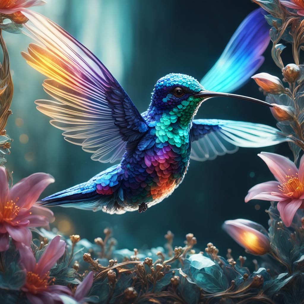 Glass Hummingbird with Crystal Flower: Digital Art
