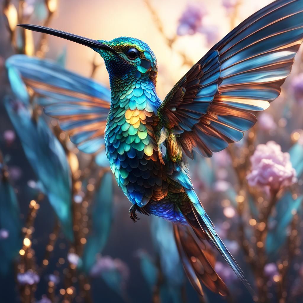 Glass Hummingbird with Crystal Flower, Digital Art