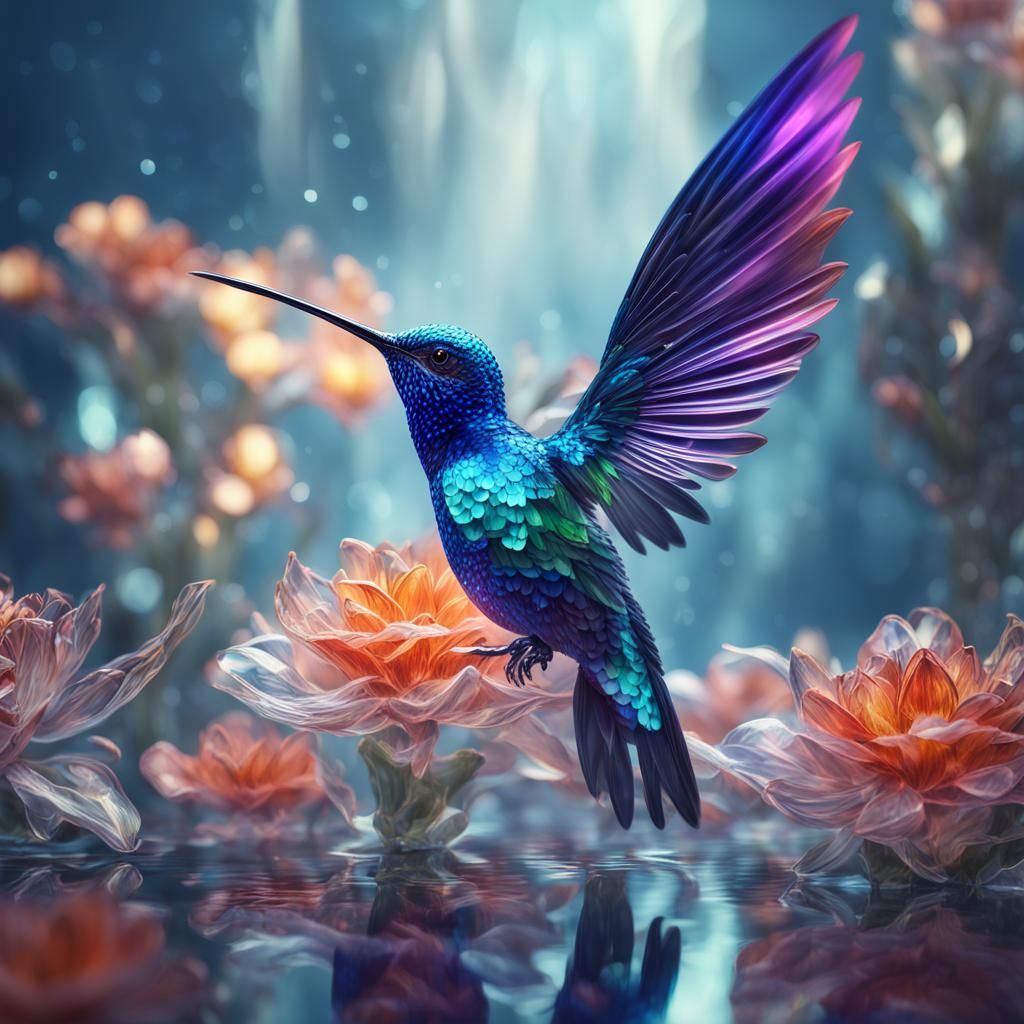 Glass Hummingbird with Shimmering Wings, Digital Art