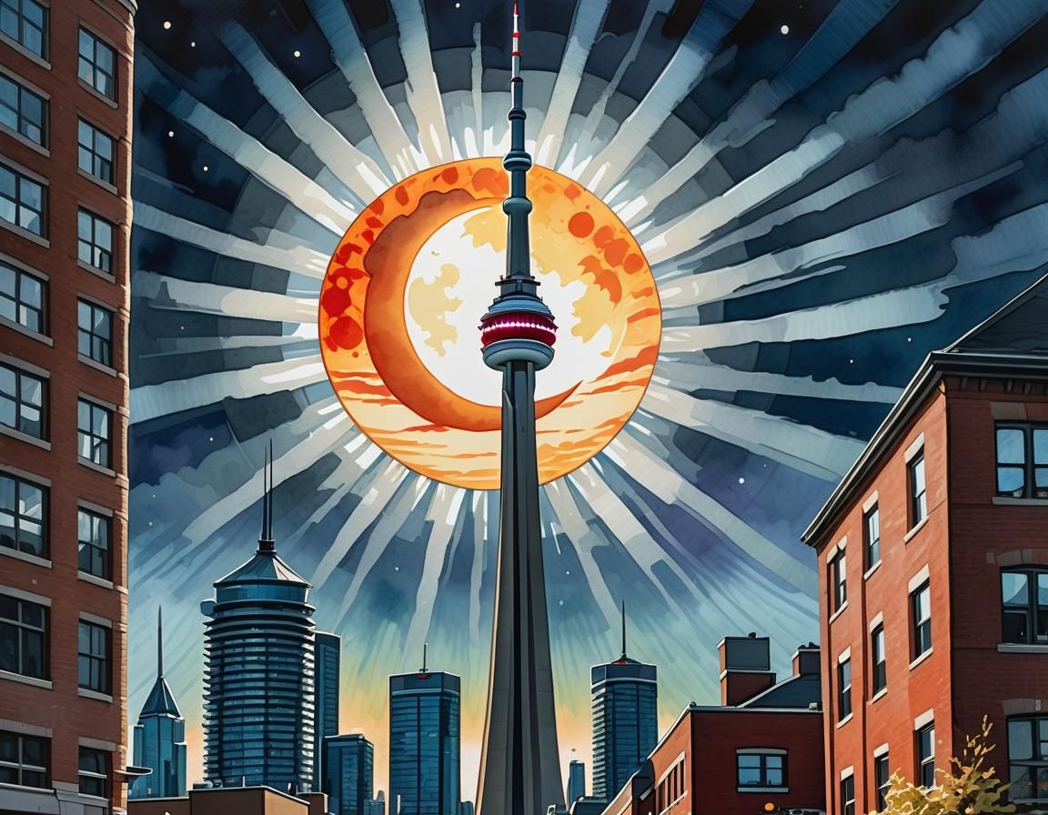 Solar Eclipse Over Toronto CN Tower in Gouache Style