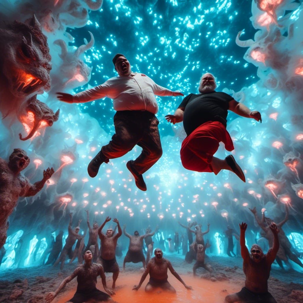 Fat Beach Men Jumping on a Trampoline into Hell