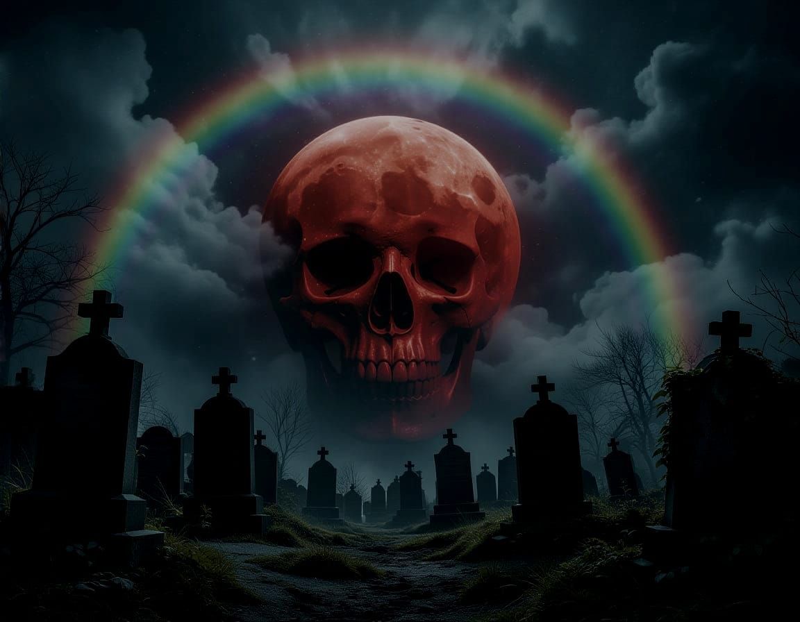 Skull Moon Over Graveyard at Night