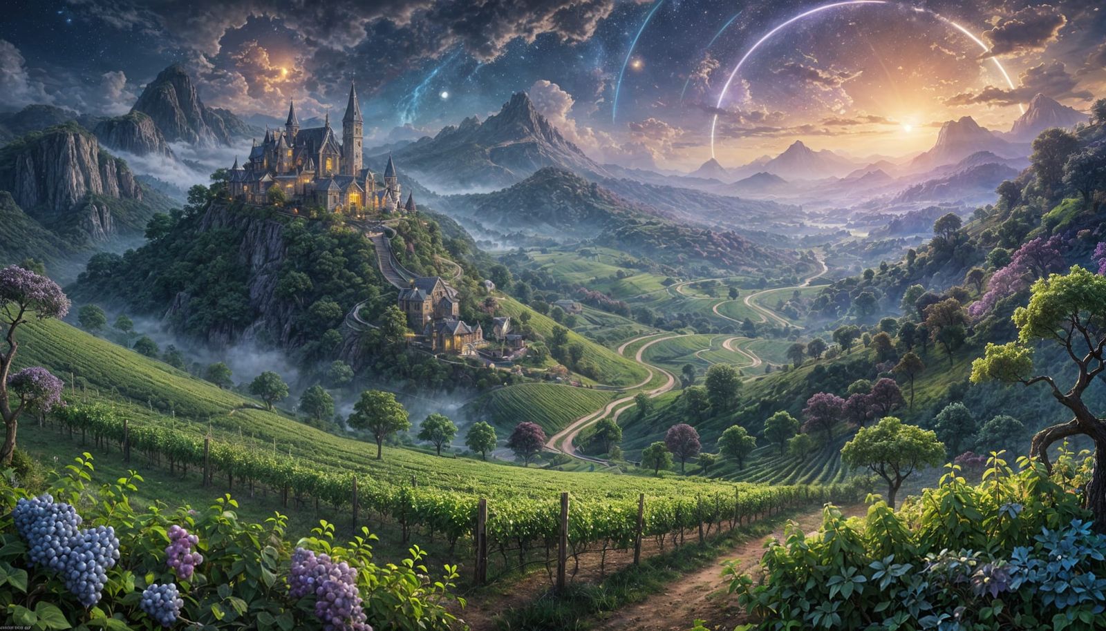 Ethereal Fantasy World with Glowing Vines in Cosmic Holograp...