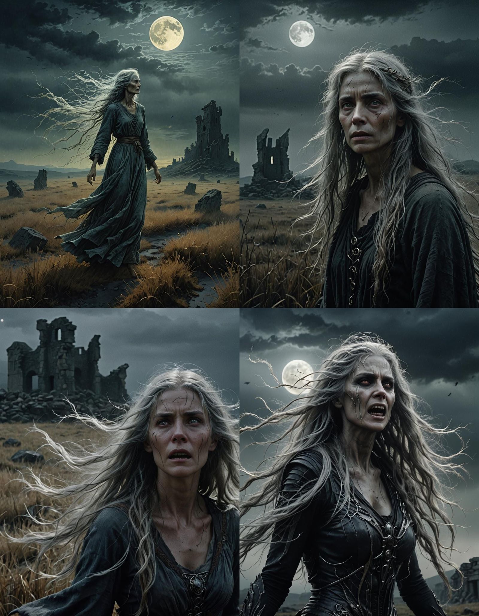 A haunting portrait of a banshee wailing in a windswept, moonlit field near ancient stone ruins. She has long, silver ha...