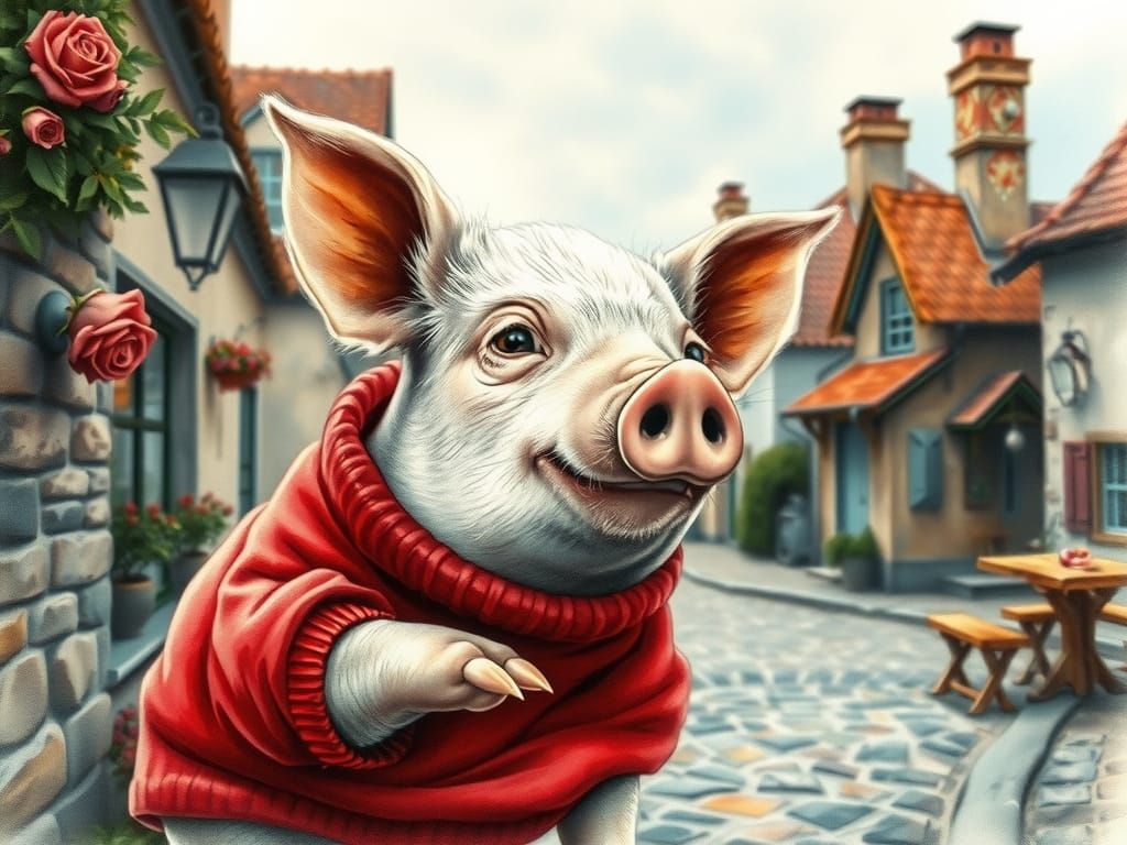 Piglet in Red Sweater: Watercolor Fantasy Village