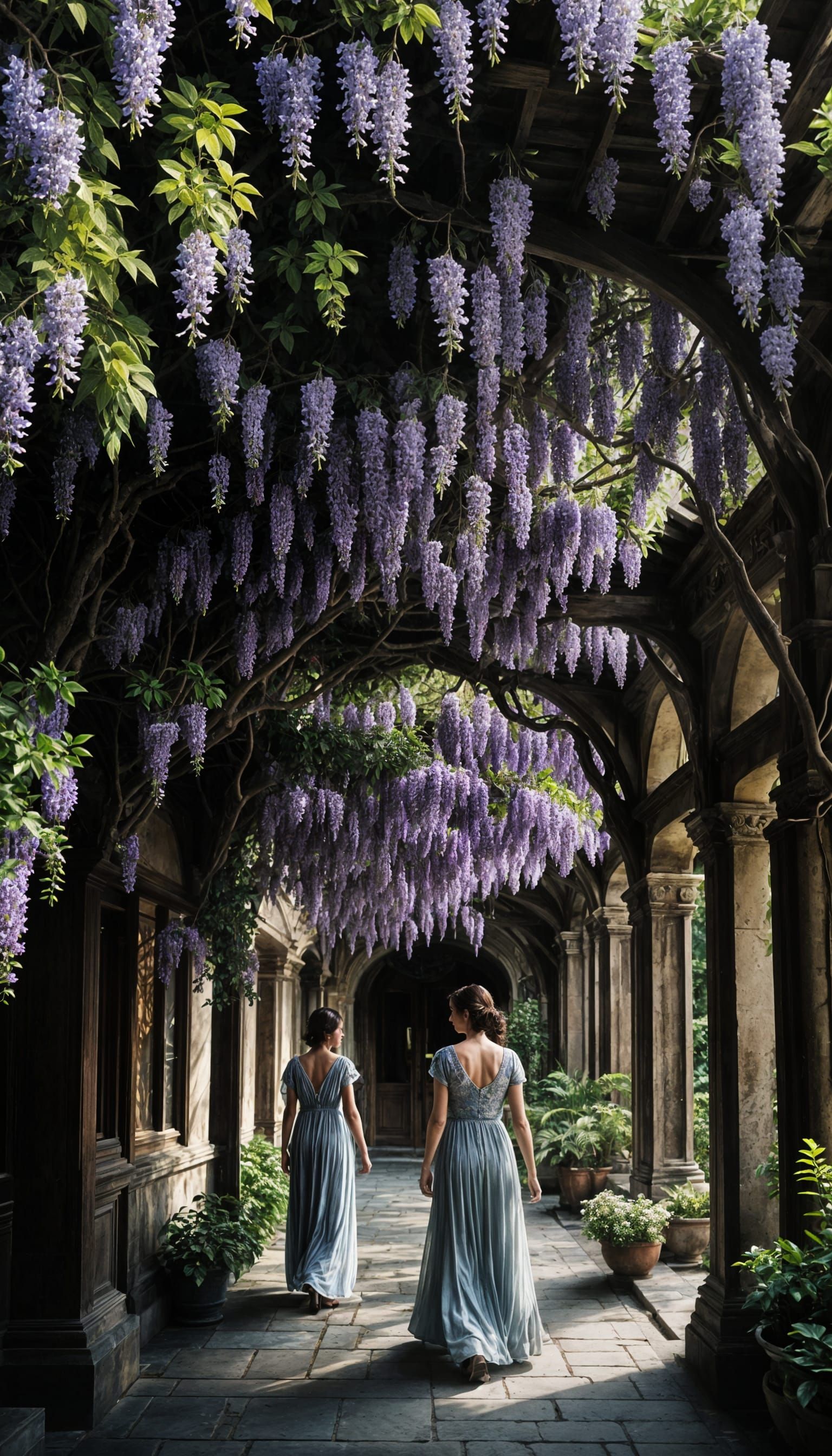Woman Walks Under Wisteria-Covered Architecture