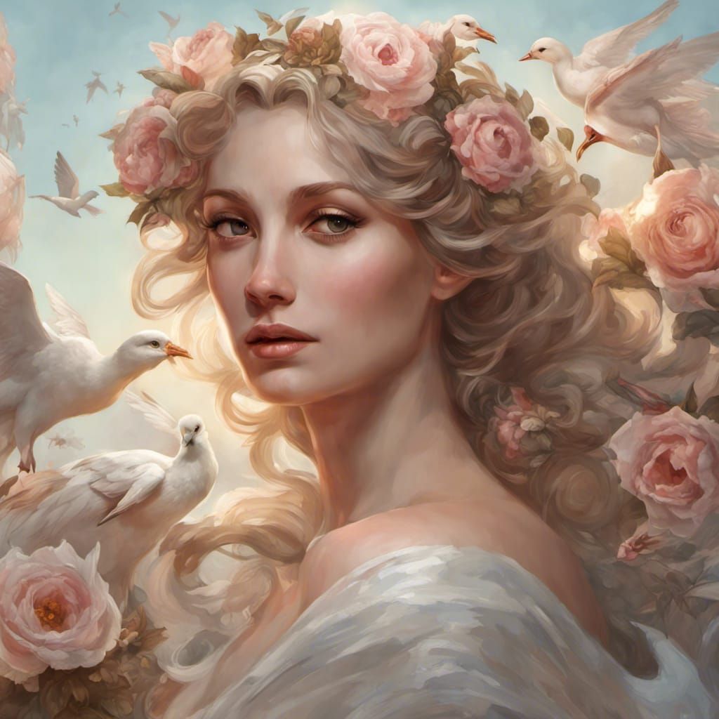 Aphrodite with Seashells and Doves, Photorealistic Portrait