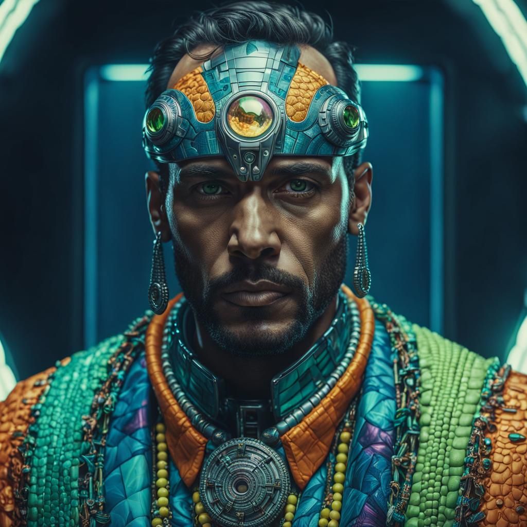 Hyperrealistic Portrait of a Man with Futuristic Jewelry