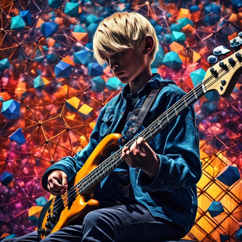 Teen Rockstar: Bass Guitar Player with Geodesic Shapes
