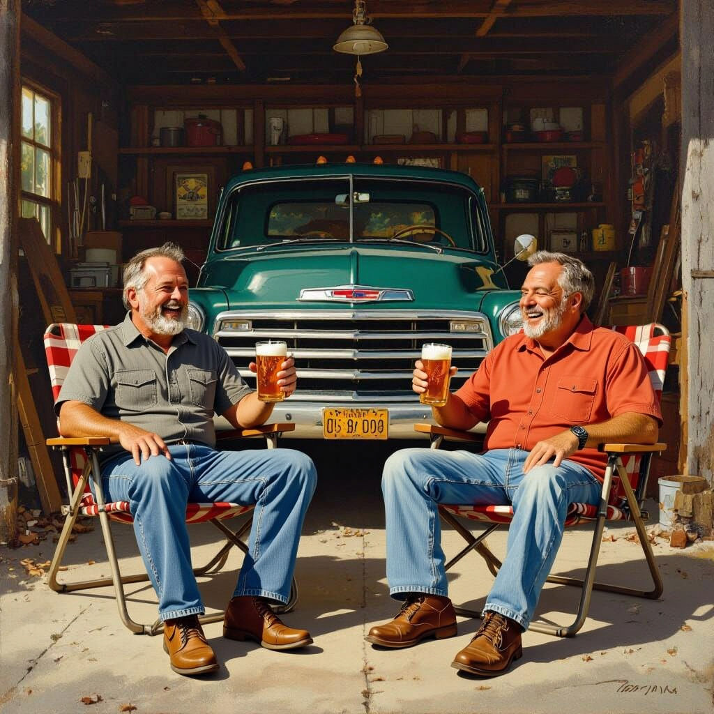 Men Enjoying Beer in Garage with Chevy Project Car