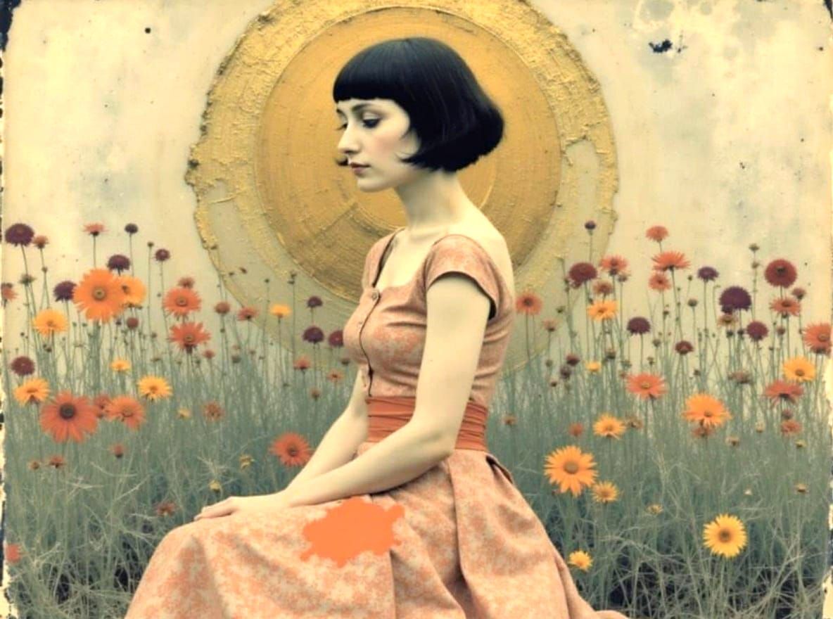 Woman with Floral Background, Klimt-Style Golden Spiral