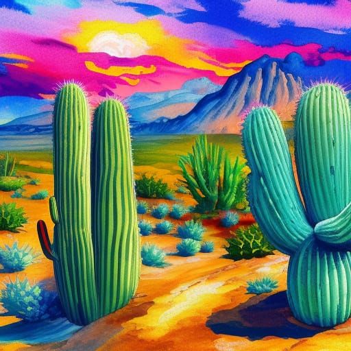 Desert Cactus Sunset in Gouache Watercolor Style