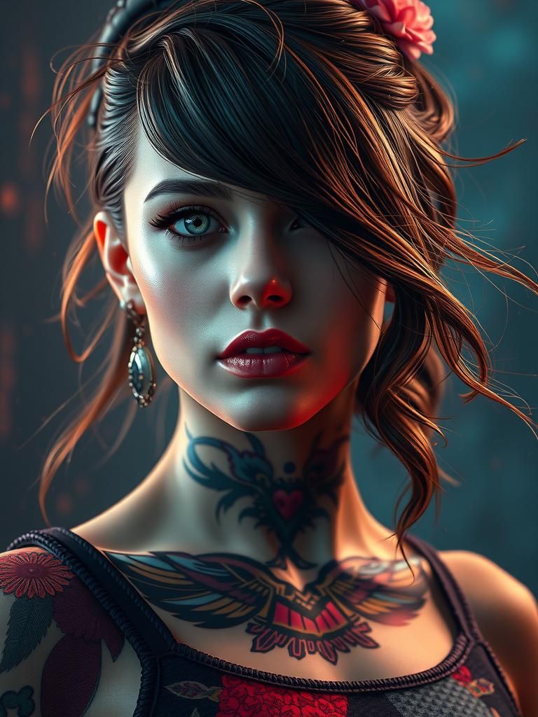 Tattooed Lady Portrait in Hyperdetailed Art Nouveau Style