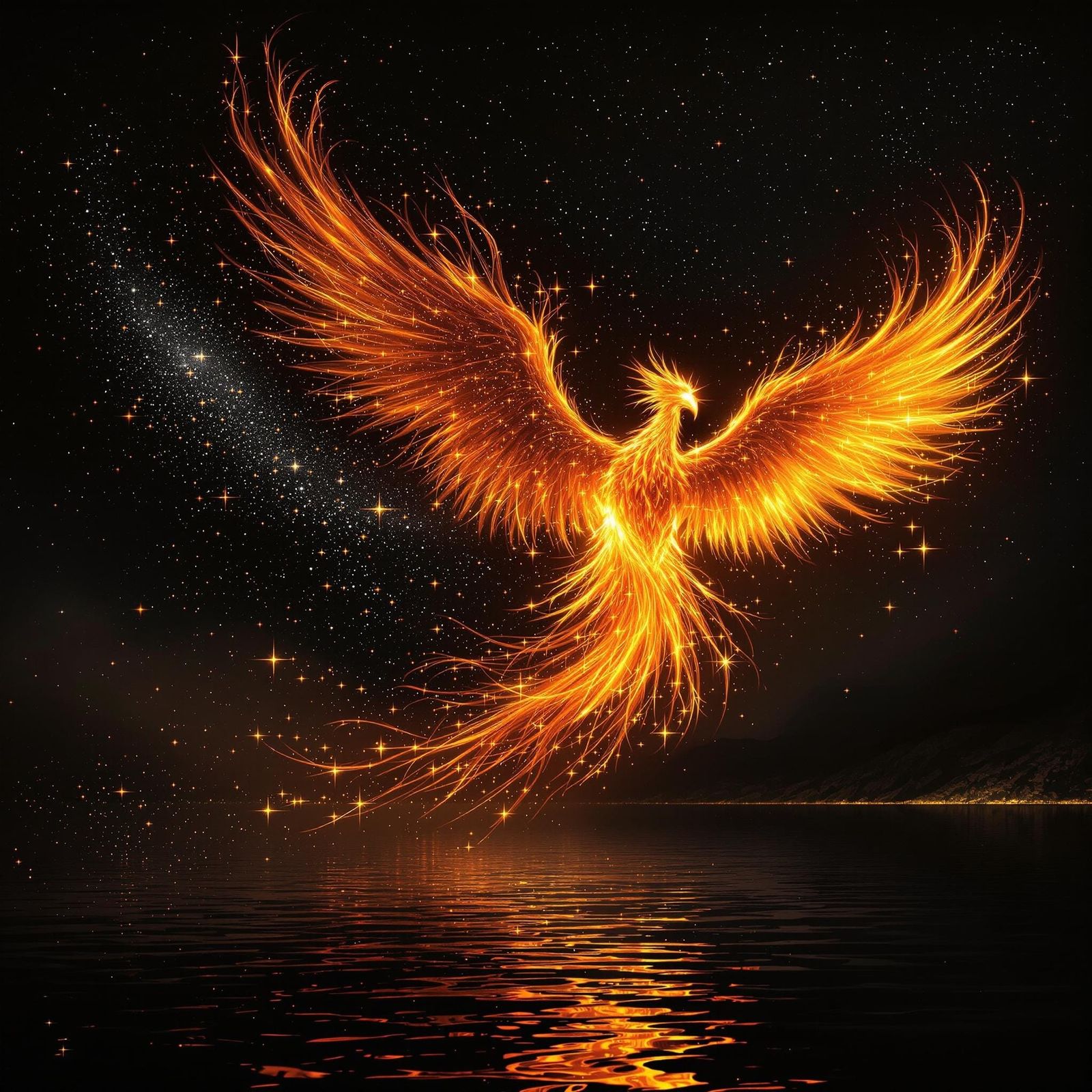 Fiery Phoenix Soaring Through Starry Night Sky