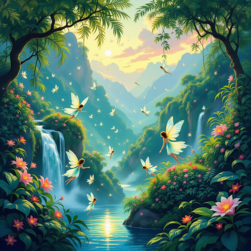 Enchanting Island Paradise With Iridescent Fairies at Twilig...