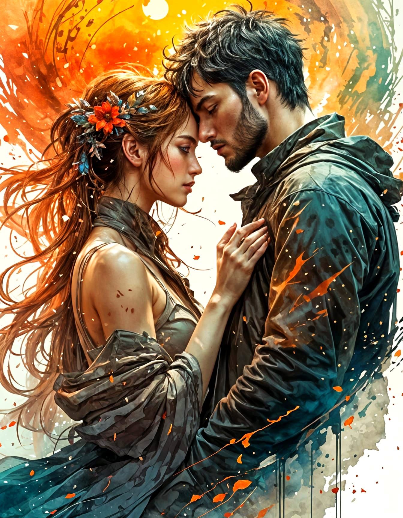 Poetic Anime Landscape with Lovers in Watercolor