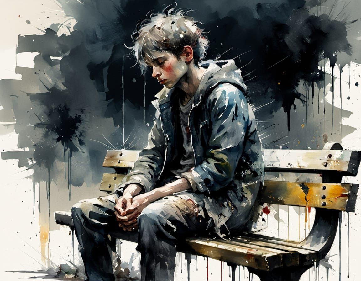 Lonely Boy on Park Bench: Watercolor Painting