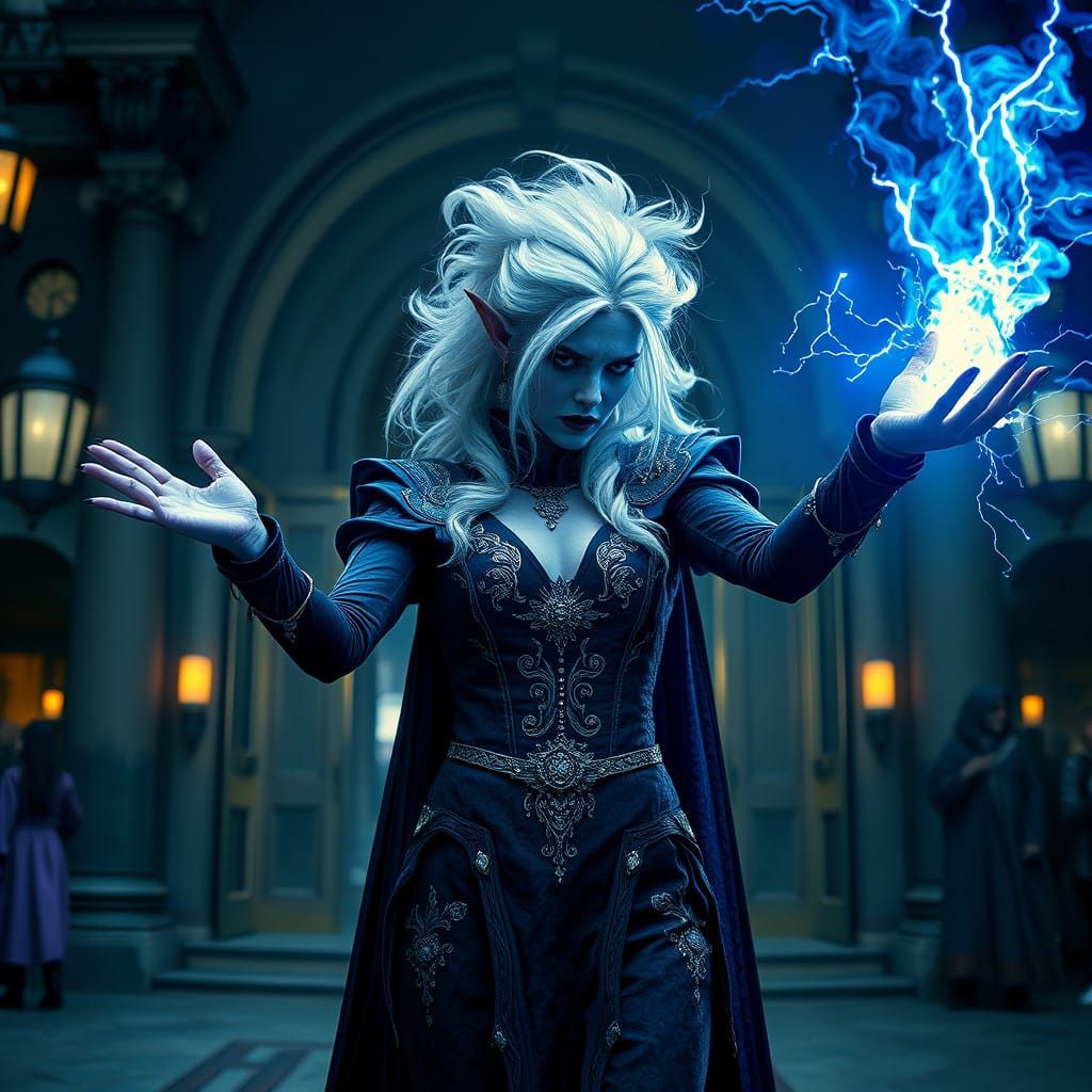 Regal Dark Elf Sorceress Unleashes Violet Fury