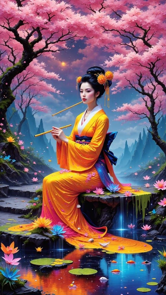 Cybernetic Geisha in Twilight Garden