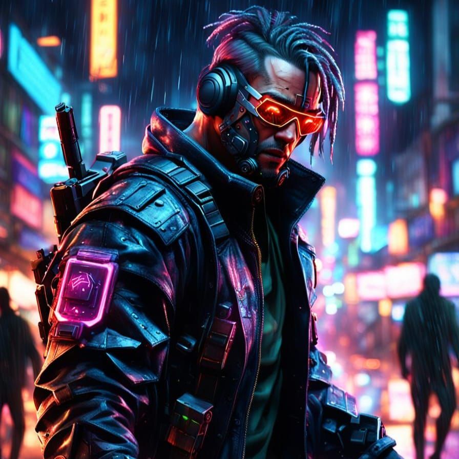Cyberpunk Cyberpsycho in Rainy Night Firefight