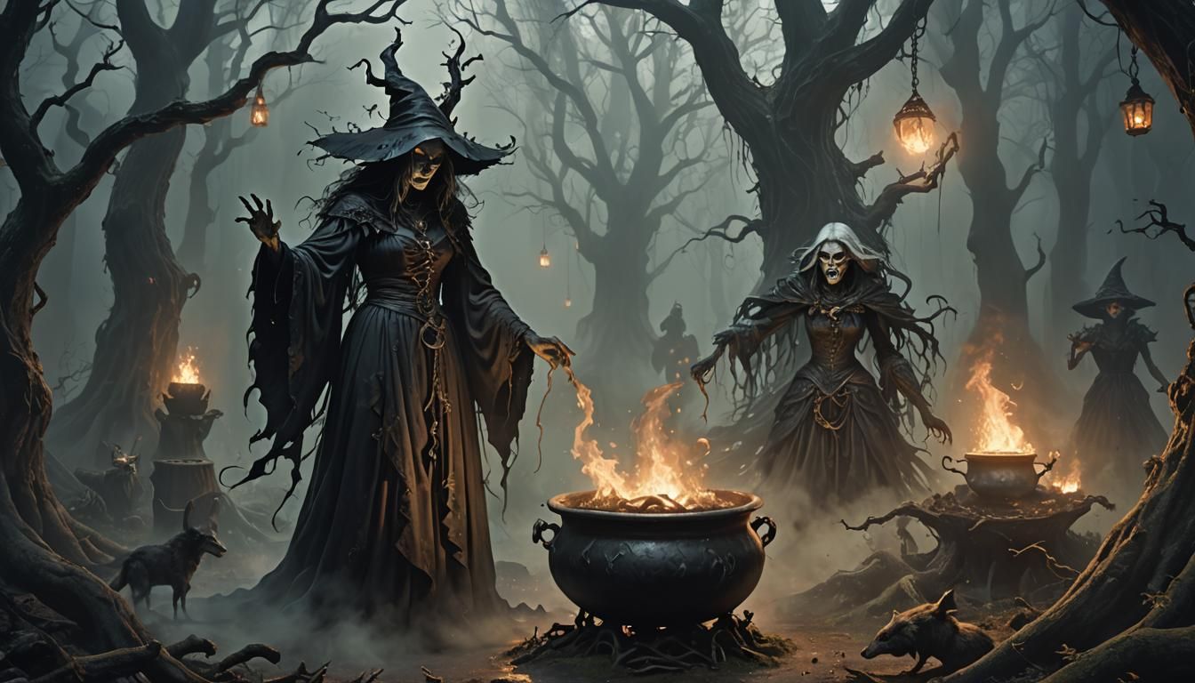 Eerie Witchcraft Scene with Spectral Phantoms