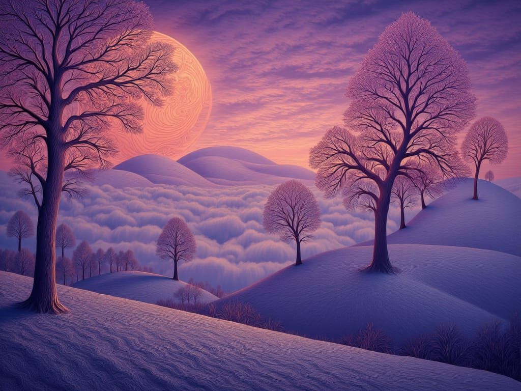 Surreal Dreamscape: Clouds as Trees Under Purple Sky