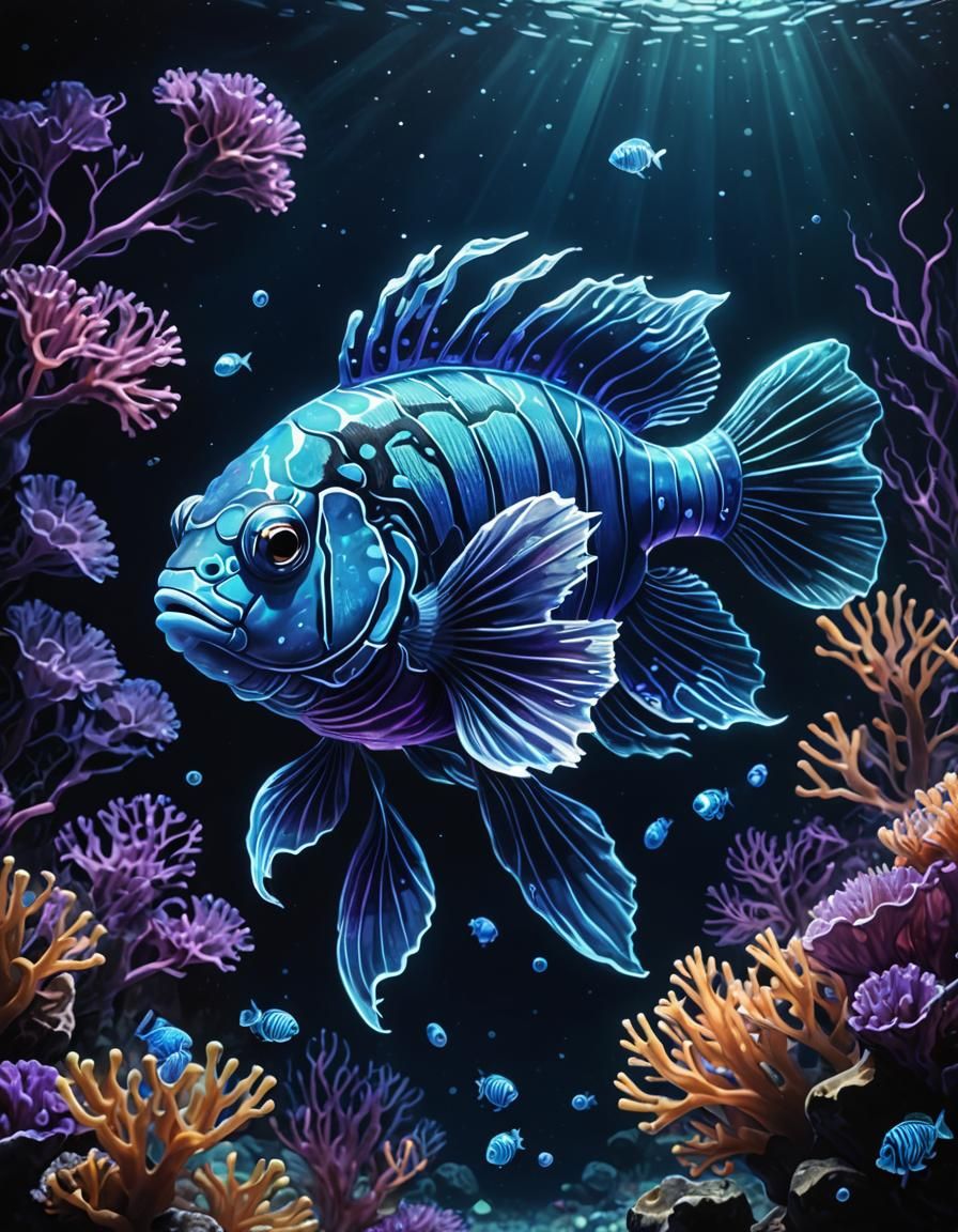 Bioluminescent Mandarin Fish in Mystical Underwater Drawing