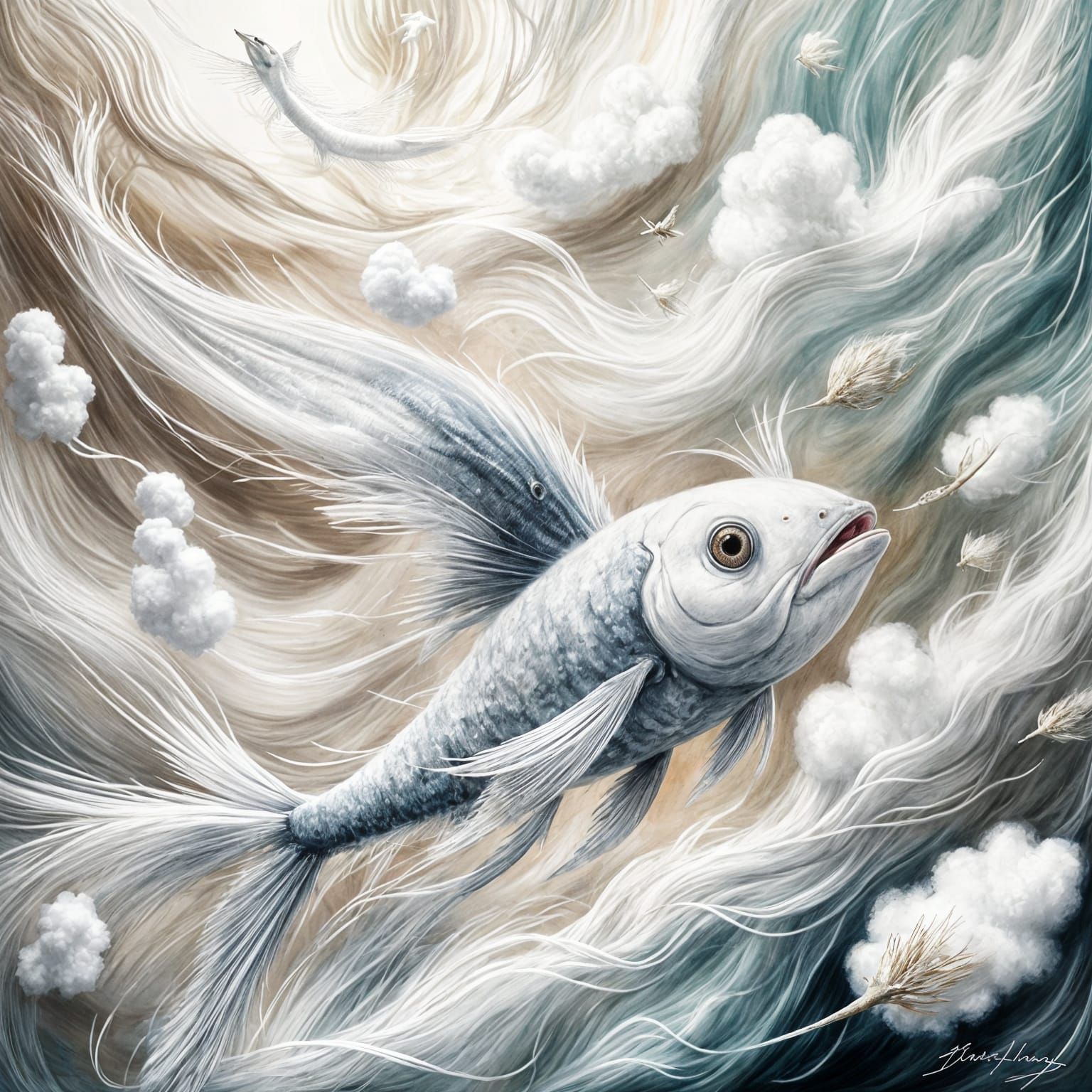 Whimsical White World with Flying Fish in Impasto Painting