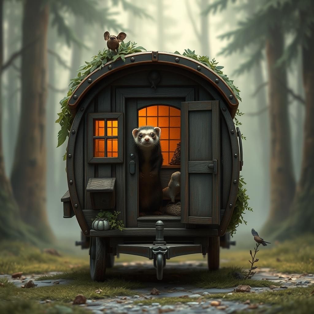 Miniature Caravan in Forest, Dark Fantasy Illustration