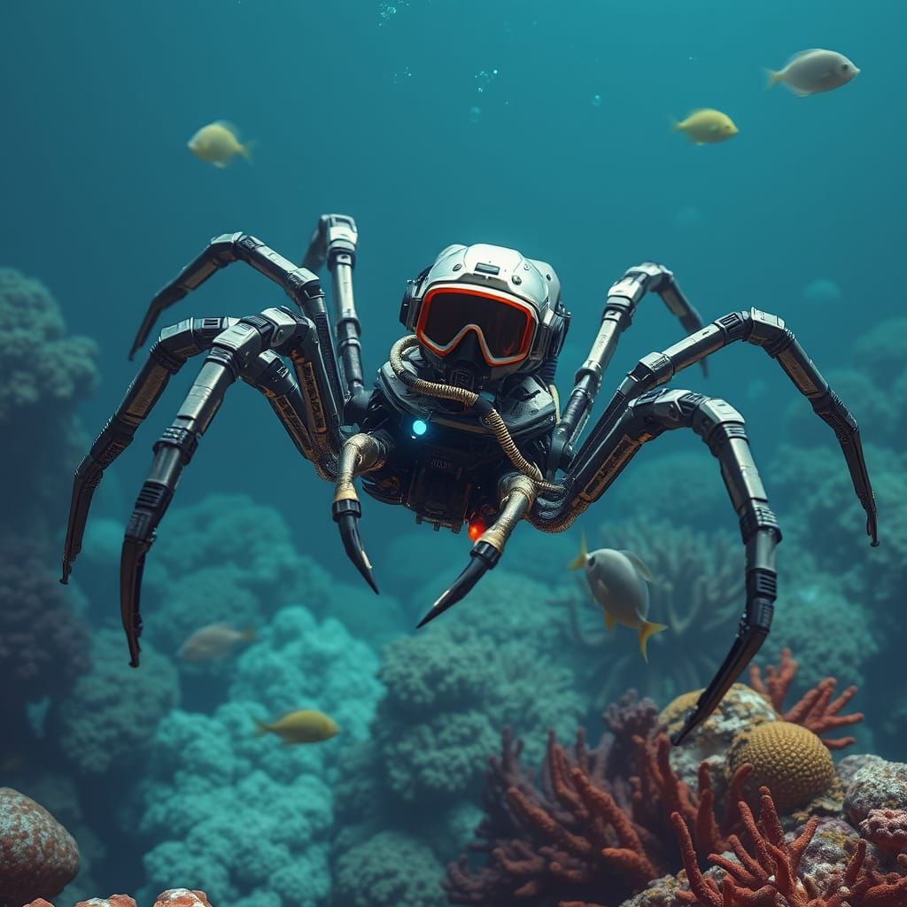 Robot Spider Underwater Adventure in Biomechanical Style