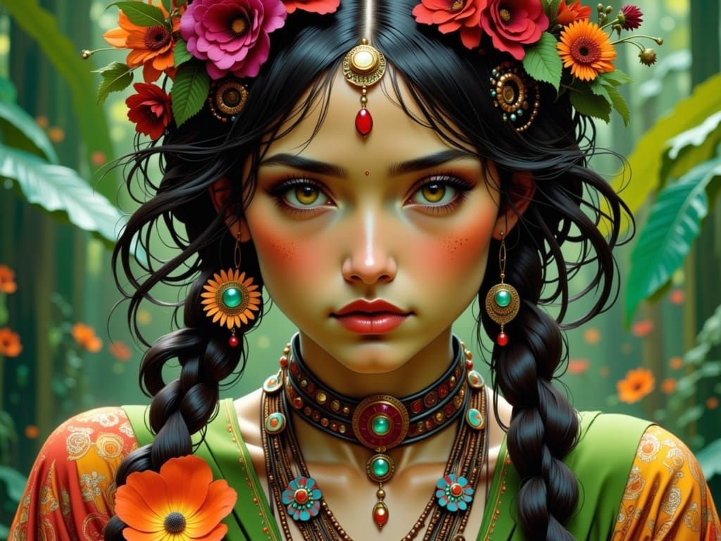 Vibrant Viking Gipsy Firewoman with Chibi Pet in Jungle Ruin...