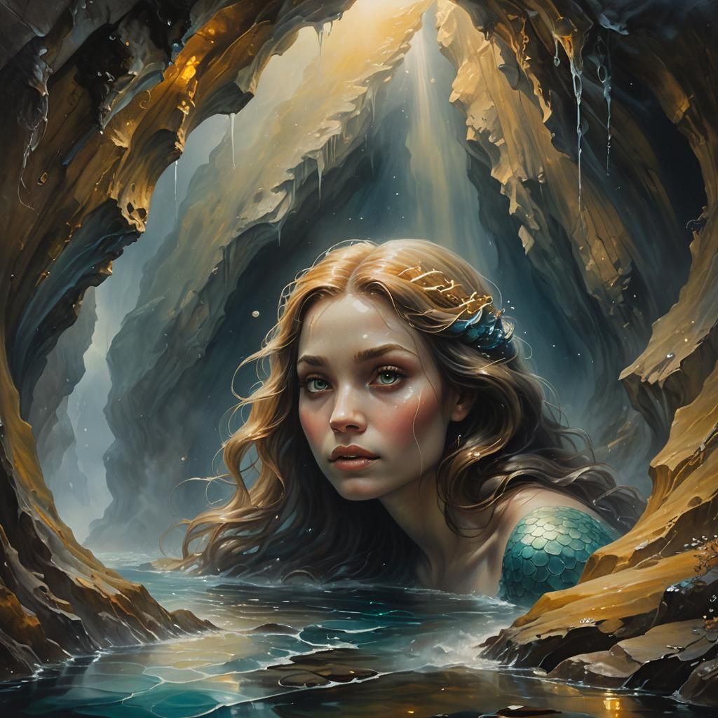 Eerie Mermaid in Foggy Cave: Surreal Oil Painting