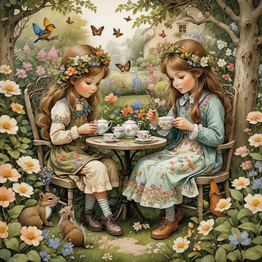 Girls' Tea Party in Enchanted Garden: Detailed Illustration
