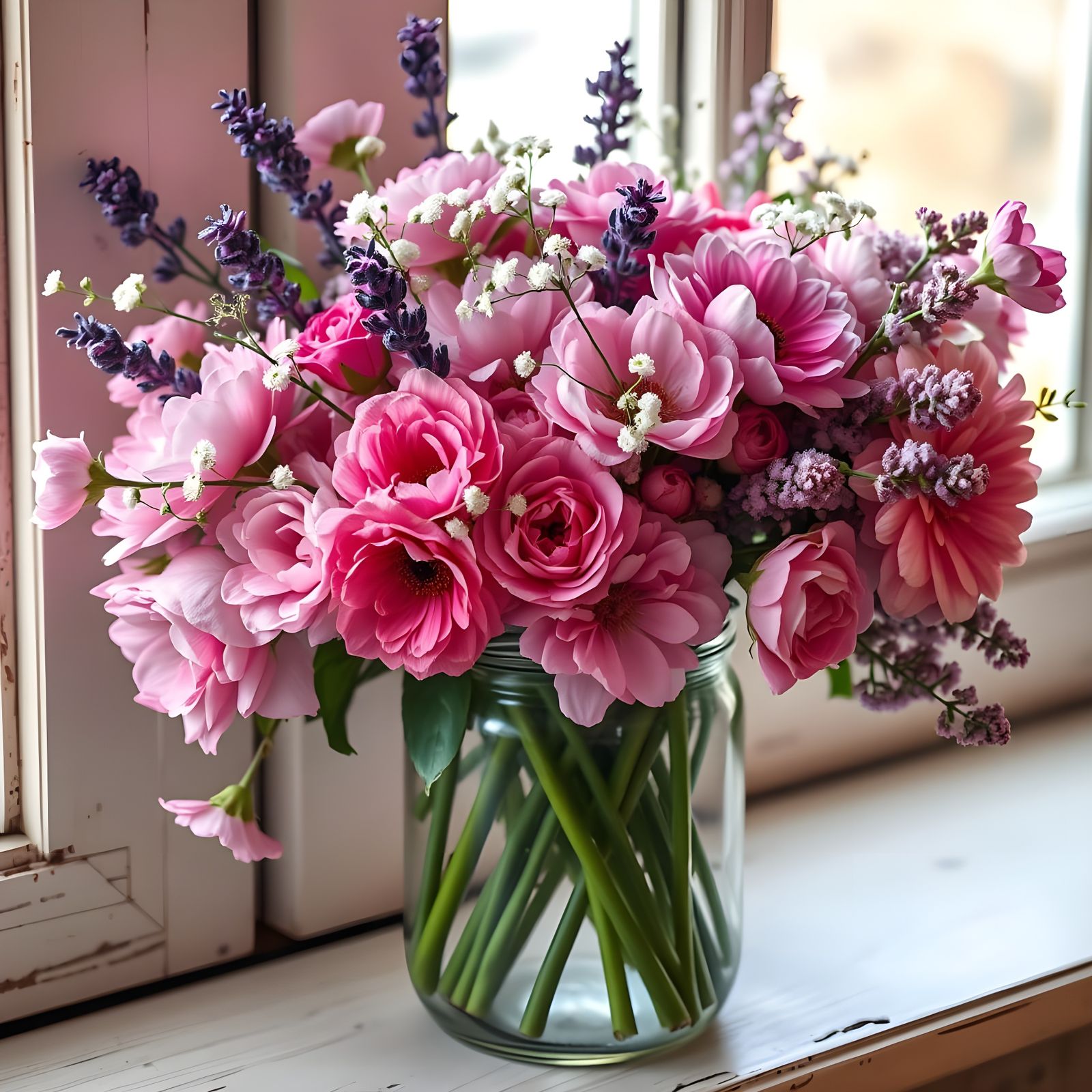 Pink Flowers in Mason Jar Still Life