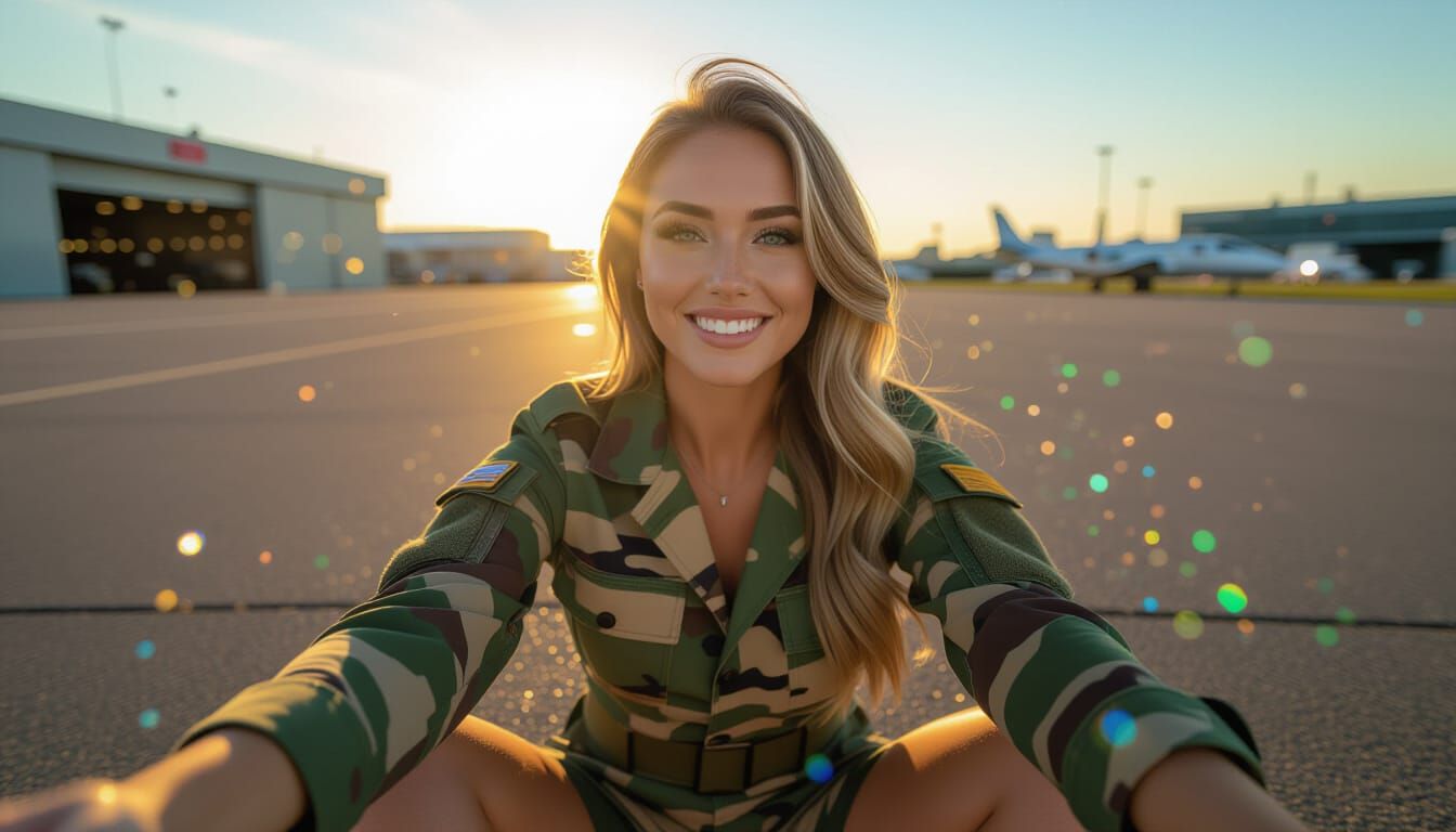 Confident Woman in Army Costume at Air Show: 3D Render