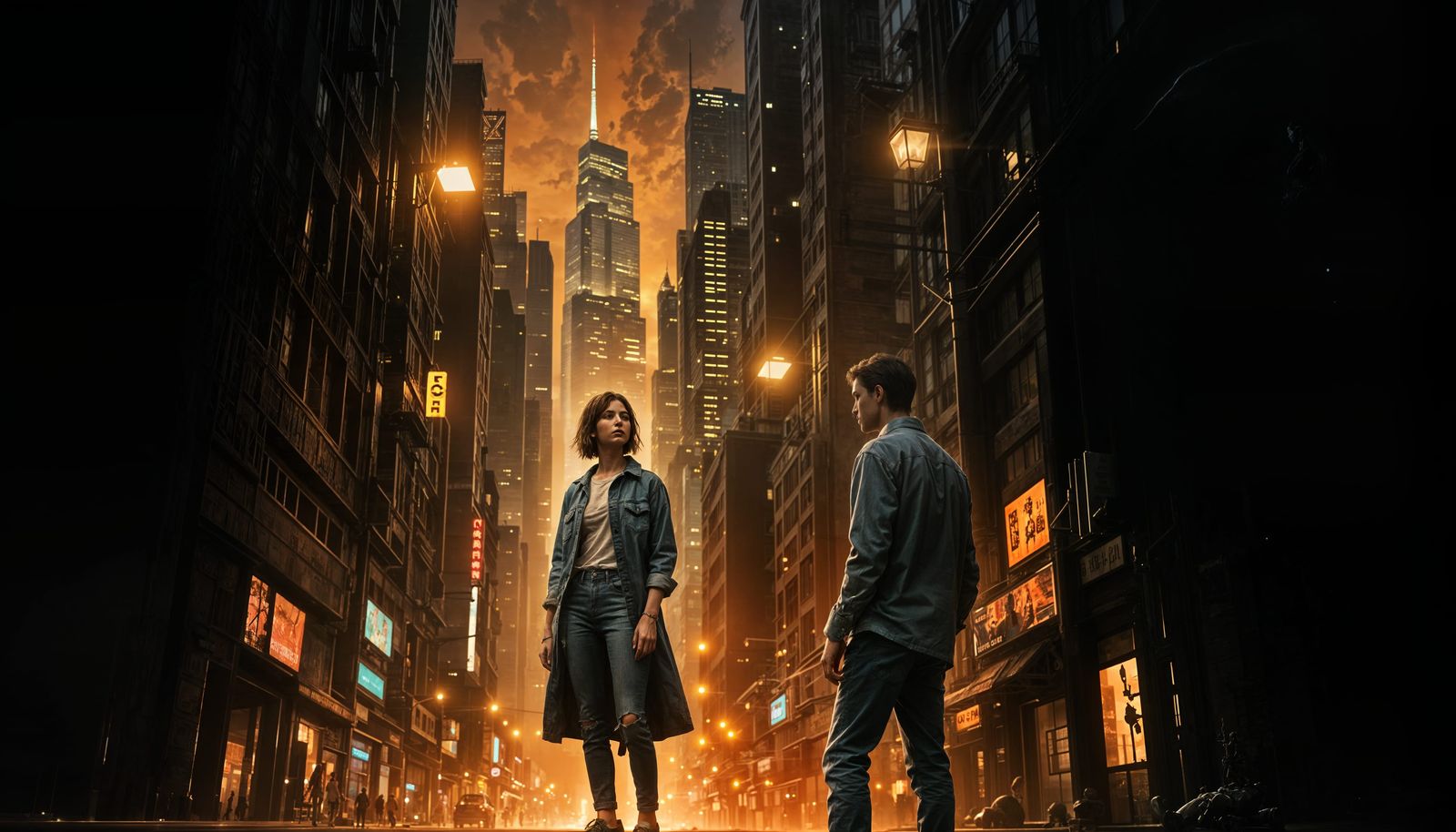 Woman in Shirt: Detailed Matte Painting of City