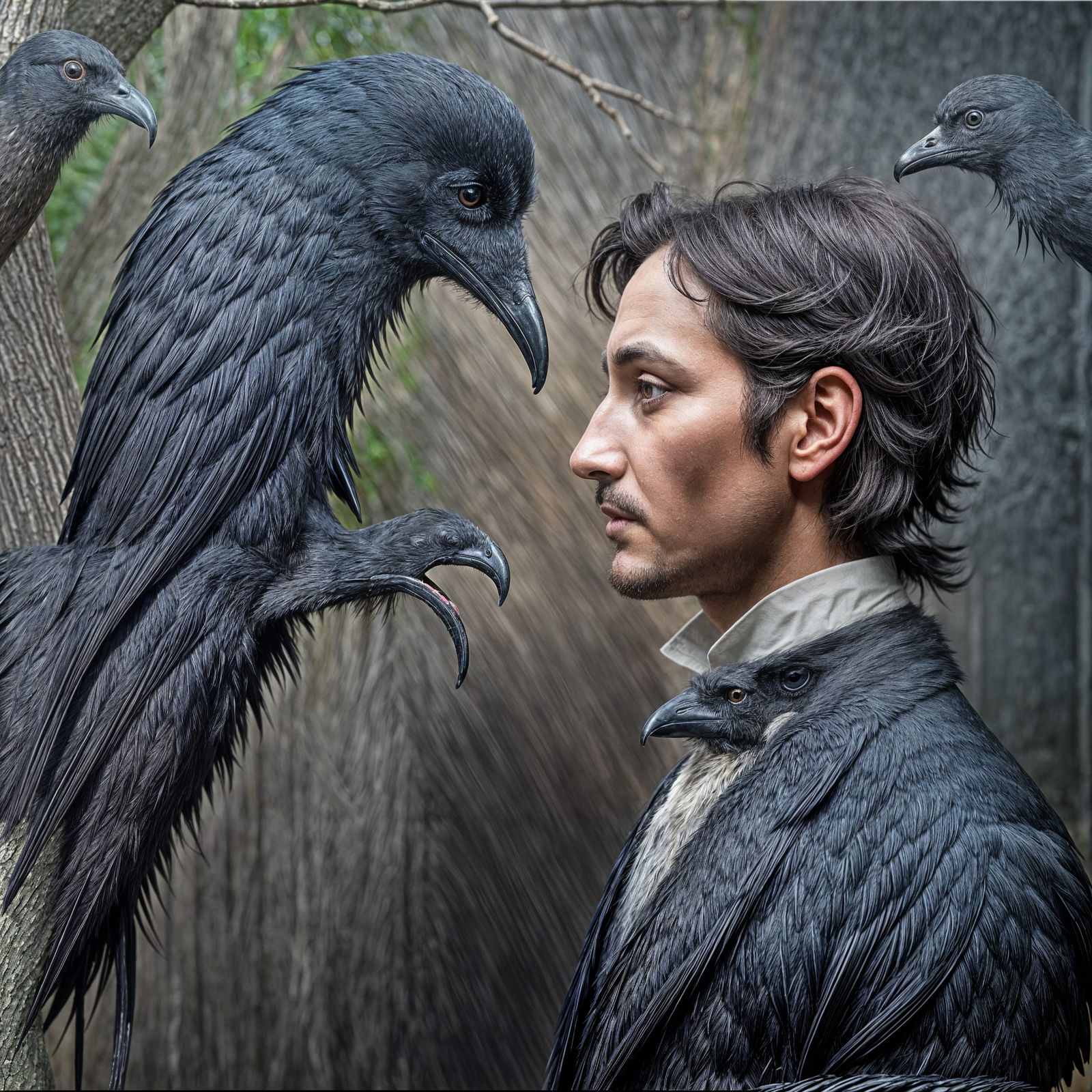 Ethereal Portrait of Edgar Allen Poe and His Raven Muse