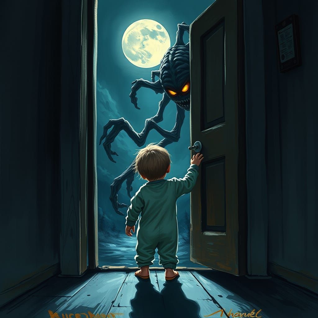 Child Confronts a Terrifying Being in a Haunting, Cyberpunk-...